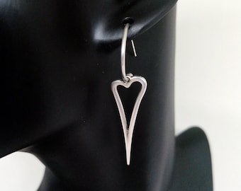 Antique Silver Heart  Hoops: Statement Heart Earrings, Minimalist Everday Jewelry