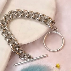 Statement Chunky Curb Bracelet:  Stainless Steel Chain, Toggle Clasp