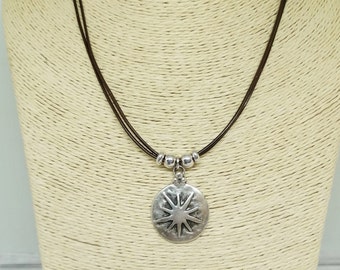 Handmade Silver sun pendant necklace, boho short leather necklace, celestial necklace, bohemian jewelry for women gift for her