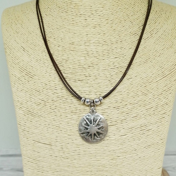 Handmade Silver sun pendant necklace, boho short leather necklace, celestial necklace, bohemian jewelry for women gift for her