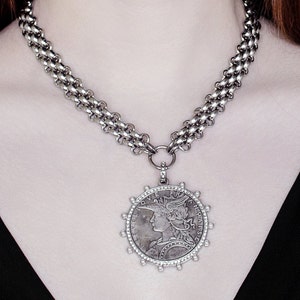 Antique Silver Coin Statement Necklace: Chunky French Medallion Pendant, Stainless Steel Chain mail Choker