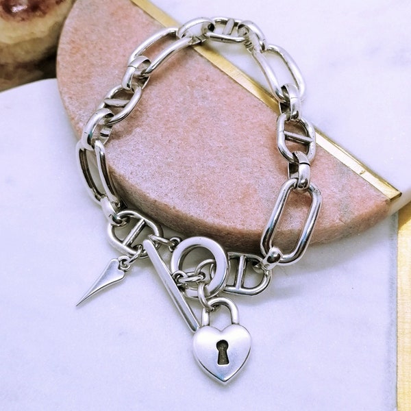 Antique Silver Link Bracelet, Silver heart Bracelet, Toggle Clasp Bracelet, Padlock Charm Bracelet, Statement Bracelet Gift for her
