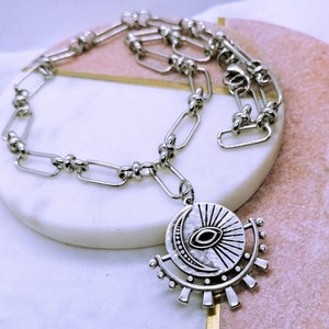 Silver Evil Eye Necklace: stainless steel large link chain, bohemian jewelry