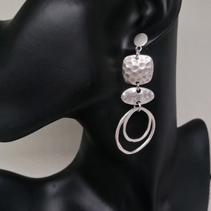 Long Silver abstract earrings,Big geometric hammered dangle earrings, Unique Double circle statement earrings bohemian jewelry gift for her