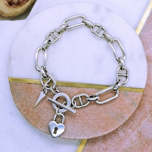 Antique Silver T Bar Bracelet, Statement  Silver heart Bracelet,Unique Padlock Charm Bracelet, Toggle Clasp Bracelet Jewelry Gift for her