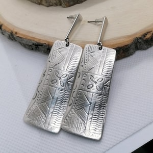 Antique Silver African Tribal Earrings: Long Boho Rectangular Earrings, Bohemian Jewelry
