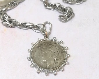 Large Statement Coin Necklace, Antique Silver chunky rope chain  Necklace,Reproduction Liberty Medallion Necklace Art Deco jewelry gift