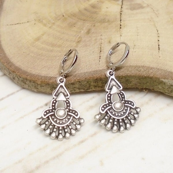 Dainty antique silver fan dangle earrings, small silver ethnic drop earrings, silver boho earrings, bohemian jewelry gift for her
