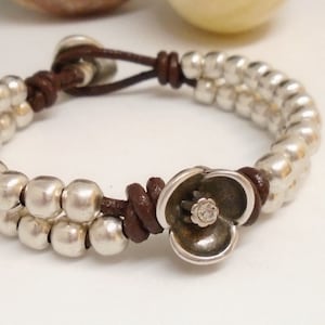 Handmade Boho Leather beaded wrap bracelet, Silver beaded leather bracelet for women, boho beaded bracelet Bohemian Jewelry Gift For Her
