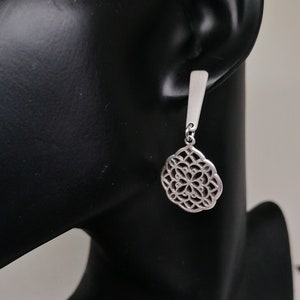 Silver boho filigree flower dangle earrings:  long bar moroccan inspired earrings,  Bohemian hippie jewelry