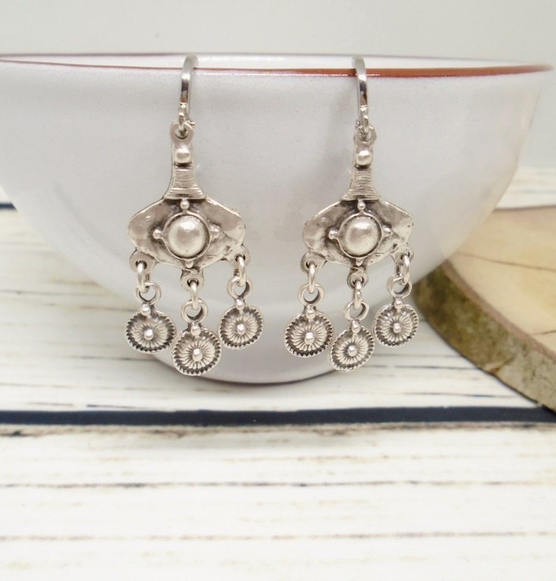 Antique silver boho chandelier earrings, silver tribal dangle earrings, long ethnic earrings bohemian hippie jewelry gift for her image 2