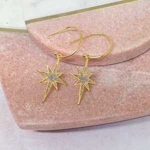 Gold North Star Earrings,Long starburst hoop earrings, Sparkly Star Earrings, Gold celestial earrings, statement earrings  jewelry gift
