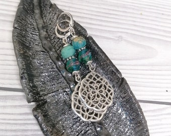 Long boho beaded earrings, Handmade green and blue czech glass earrings, silver filigree teardrop earrings bohemian jewelry gifts for her