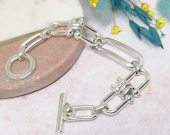 Silver Large Link Bracelet, Silver Toggle Clasp Bracelet, Chunky Silver Bracelet, Statement Bracelet Jewelry Gift for her