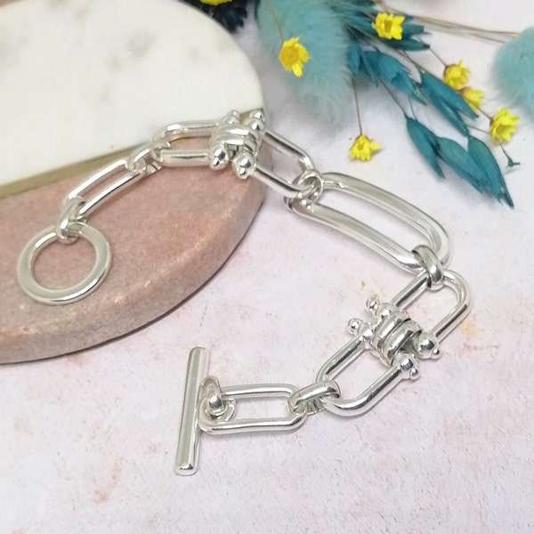 Silver Large Link Bracelet, Silver Toggle Clasp Bracelet, Chunky Silver Bracelet, Statement Bracelet Jewelry Gift for her