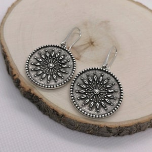 Antique silver round boho earrings,silver rosette ethnic earrings, disc dangle earrings,minimalist earrings bohemian jewelry gift for her