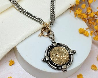 Statement Mixed Metal Horse Coin Necklace: Equestrian Lover Jewelry