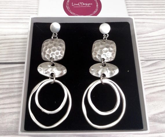 Large Silver Hammered Earrings, Double Circle Dangles, Boho Statement Gift