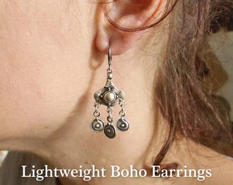 Antique Silver Boho Chandelier Earrings: Ethnic Drops, Bohemian Hippie Jewelry