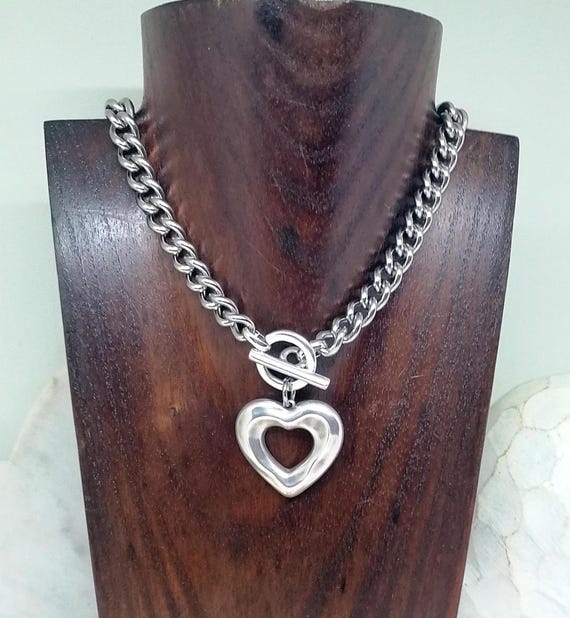 Chunky Silver Heart Necklace: Stainless Steel Curb Chain, Toggle Clasp
