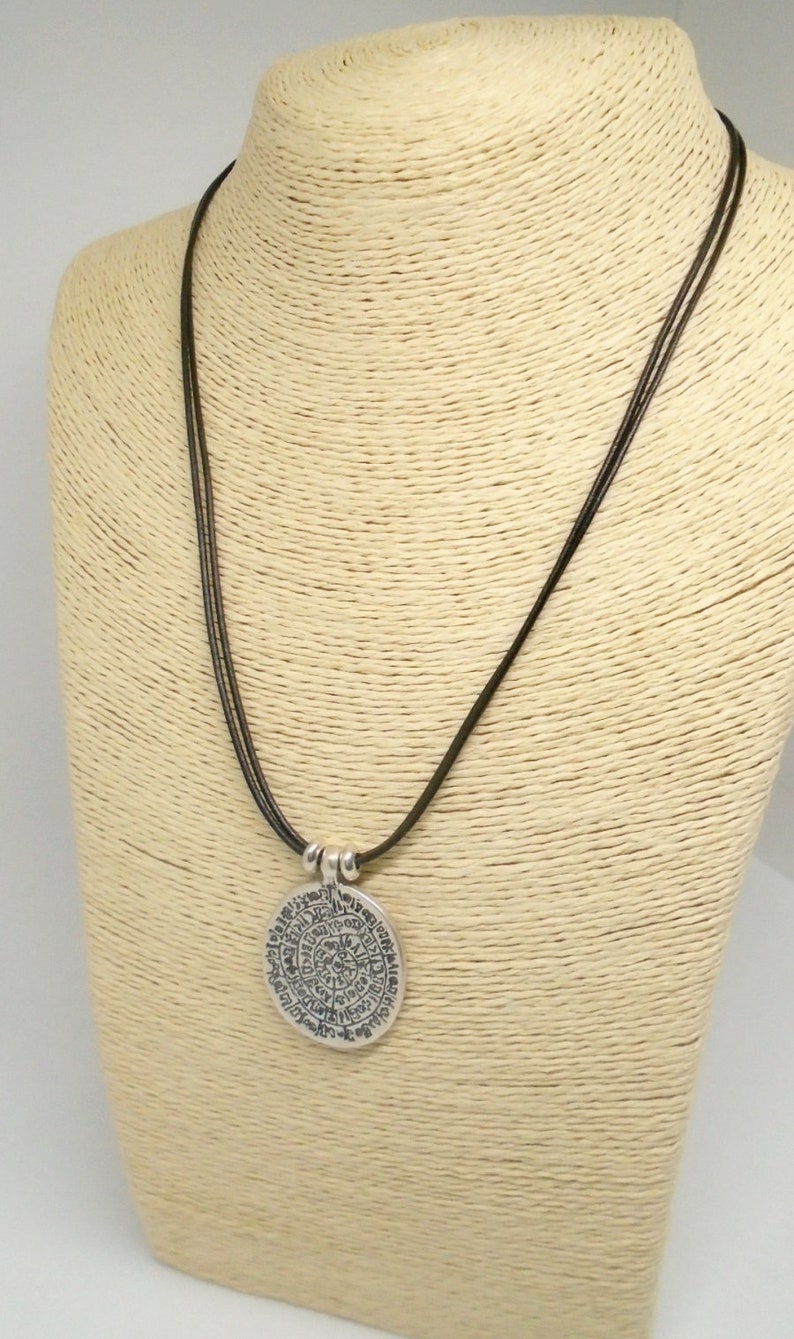 Silver Phaistos disc pendant necklace ancient greek coin leather necklace bohemian jewelry silver ethnic unisex necklace