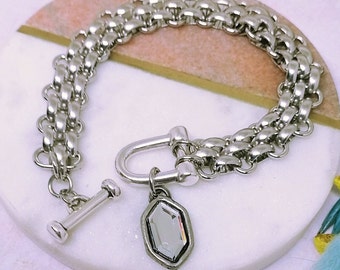 Antique Silver Chainmail Bracelet, Statement Swarovski crystal charm, bracelet, toggle clasp bracelet, Chunky Silver Bracelet jewelry gifts