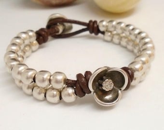 Handmade Boho beaded wrap bracelet: Chunky Silver and leather bracelet, Bohemian Jewelry