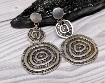 Big Statement Silver Double circle drop earrings,long swirl design dangle earrings,Unique geometric earrings, jewelry gift for her