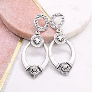 Antique Silver Boho Statement Earrings: Oval Ethnic Style Charms, Textured Ear Studs