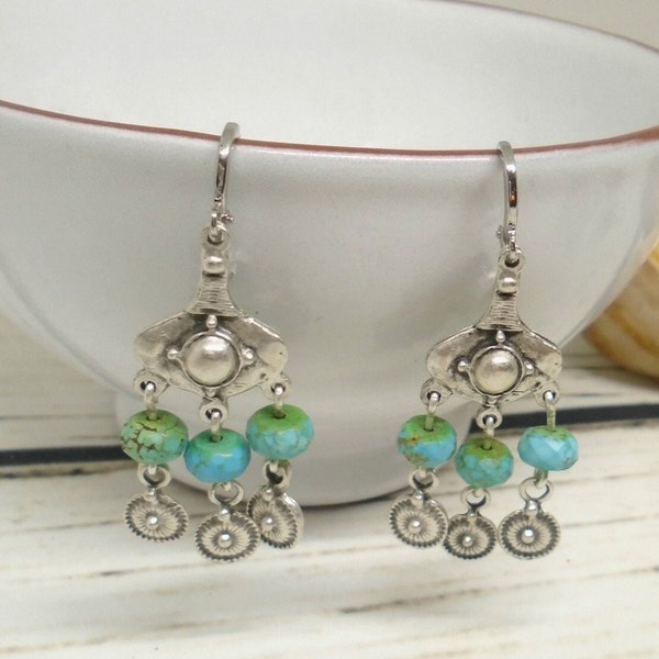 Antique silver beaded turquoise chandelier earrings, handmade silver boho dangle earrings,bohemian hippie jewelry gift for women