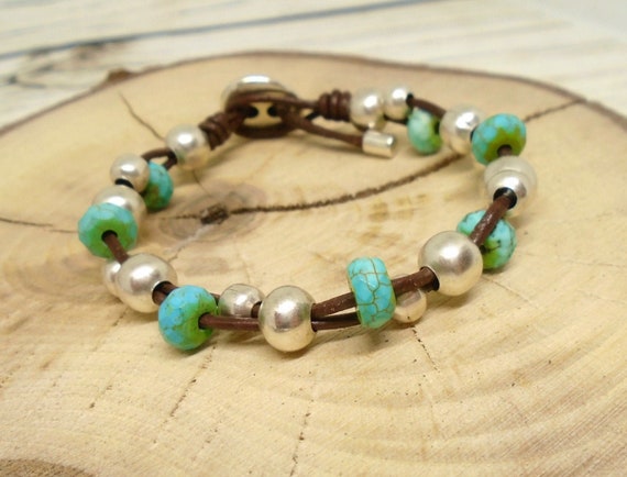 Leather and turquoise beaded bracelet Womens Boho Wrap | Etsy