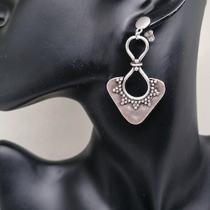 Antique Silver Boho Earrings: Large Tribal Pattern, Sterling Silver Plated