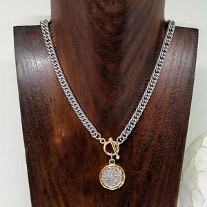 Silver & Gold Athena Coin Necklace, Mixed Metal Greek Goddess Pendant, Toggle Clasp, Layering Jewelry