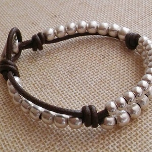 Handmade Brown Leather & Silver Beaded Wrap Bracelet: Boho Leather Jewelry