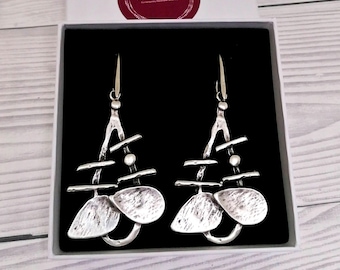 Long Antique Silver Abstract Drop Earrings, Boho Statement Dangles, Bohemian Gift