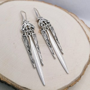 Long antique silver boho chandelier earrings, silver tribal statement earrings, ethnic earrings bohemian hippie jewelry gift for her