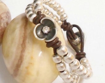 Handmade Boho beaded wrap bracelet: Chunky Silver and leather bracelet, Bohemian Jewelry