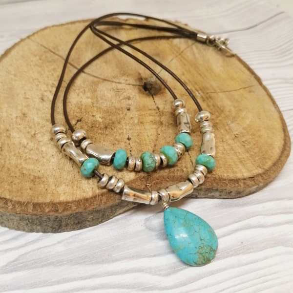 Handmade Boho silver and turquoise necklace,gemstone beaded necklace,short turquoise and leather pendant necklace bohemian jewelry for women