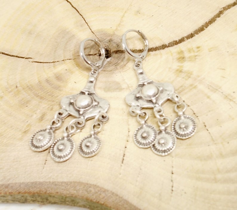 Antique silver boho chandelier earrings, silver tribal dangle earrings, long ethnic earrings bohemian hippie jewelry gift for her image 4