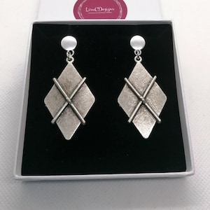 Antique Silver Ethnic Earrings: Statement Diamond Shaped Earrings, Bohemian Jewelry