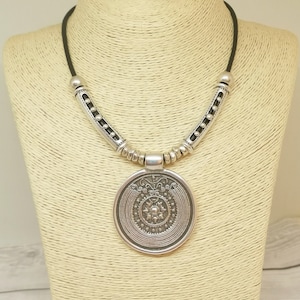 Handmade Statement Leather and Silver Pendant necklace,short ethnic pendant Leather necklace,boho chunky  necklace bohemian jewelry gift