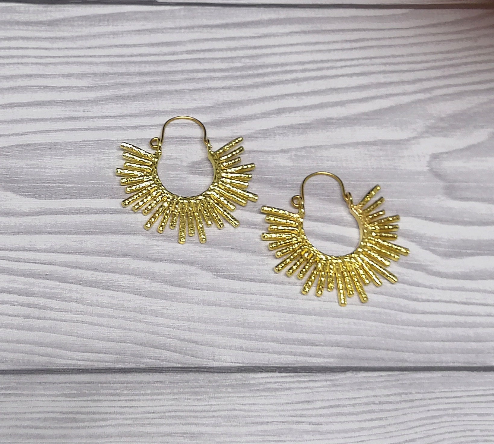 Gold brass sun ray hoop earrings gold sun earrings spike | Etsy