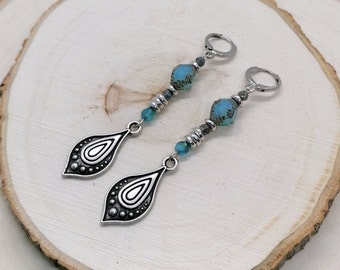 Long silver boho teardrop earrings, Handmade sea blue bohemian czech glass beaded earrings, Bohemian jewelry gift for her