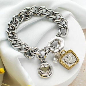 Chunky Silver Heart Bracelet, Curb Chain Charm Bracelet, Statement Jewellery Gift