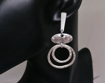 Long Silver Statement Hammered Dangle Earrings, Big Double Circle Drop Dangles, Geometric Boho Jewelry