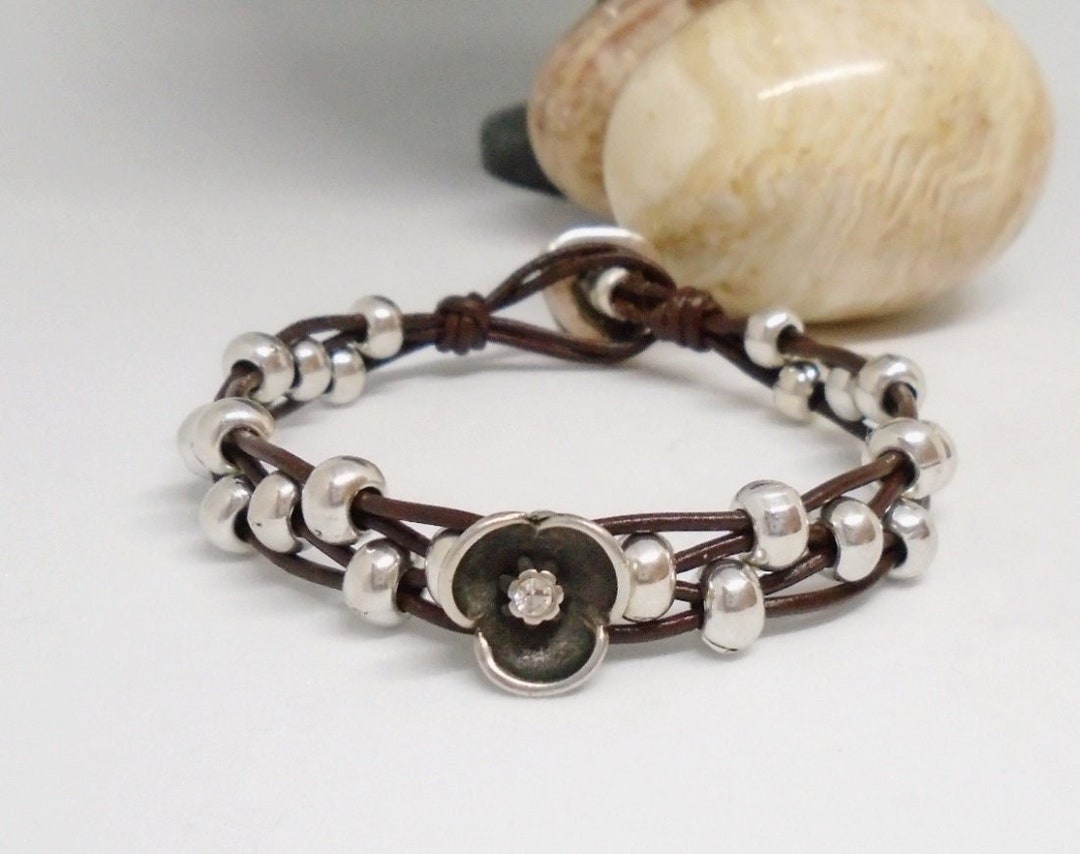 Handmade Leather and Silver Beaded Bracelet for Women Leather - Etsy UK