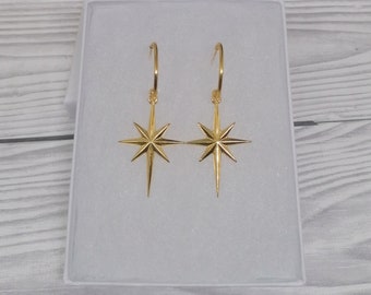 Gold North Star Earrings,Long starburst hoop earrings, Gold celestial earrings,minimalist earrings,statement earrings celestial jewelry gift
