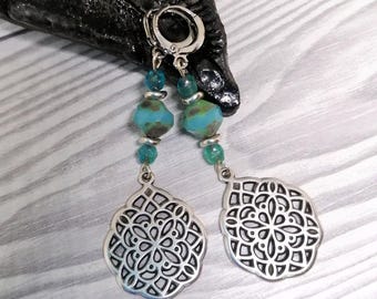 Turquoise Boho Dangle Earrings, Teal Beaded Filigree Mandala Drops, Gift for Her