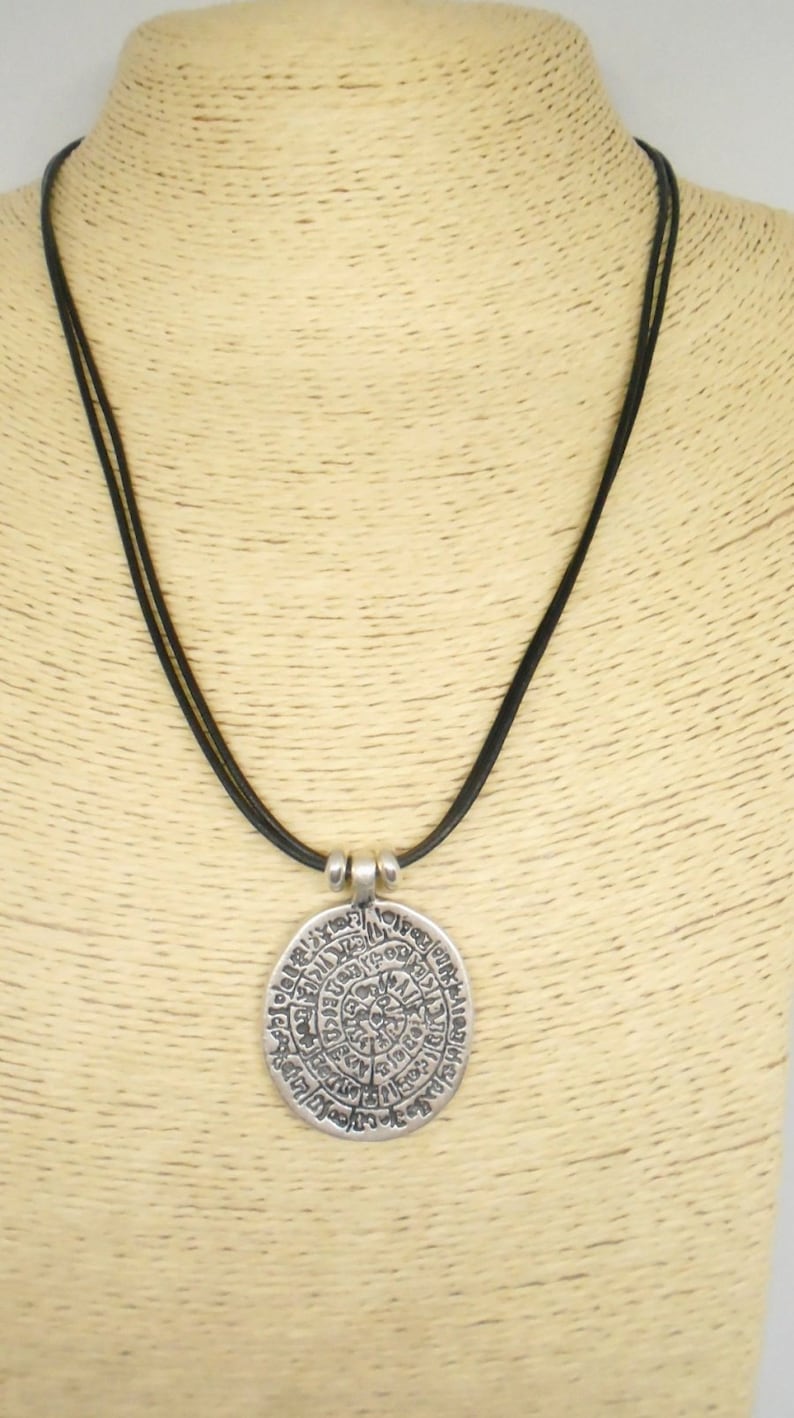 Silver Phaistos disc pendant necklace ancient greek coin leather necklace bohemian jewelry silver ethnic unisex necklace