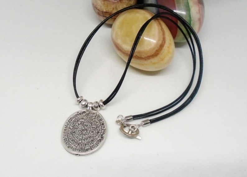 Silver Phaistos disc pendant necklace ancient greek coin leather necklace bohemian jewelry silver ethnic unisex necklace